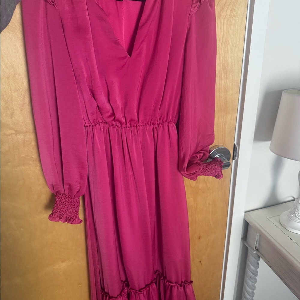 Pink Ruffled Wrap Dress with Bishop Sleeves